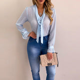 Women Blouse Tops Fashion Dot V-Neck Elegant Slim Casual Shirt Thin Office Ladies Chiffon Long Sleeve Summer Female Tops YF01976