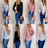 Women Blouse Tops Fashion Dot V-Neck Elegant Slim Casual Shirt Thin Office Ladies Chiffon Long Sleeve Summer Female Tops YF01976