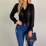 Women Blouse Tops Fashion Dot V-Neck Elegant Slim Casual Shirt Thin Office Ladies Chiffon Long Sleeve Summer Female Tops YF01976