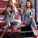 Chic costume Autumn Double Breasted Office Ladies Plaid Blazer suits sets Fashion Women Cuff roll long pants blazers sets