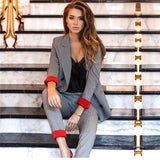 Chic costume Autumn Double Breasted Office Ladies Plaid Blazer suits sets Fashion Women Cuff roll long pants blazers sets