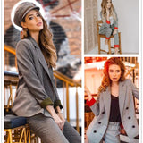 Chic costume Autumn Double Breasted Office Ladies Plaid Blazer suits sets Fashion Women Cuff roll long pants blazers sets
