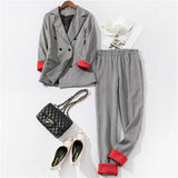 Chic costume Autumn Double Breasted Office Ladies Plaid Blazer suits sets Fashion Women Cuff roll long pants blazers sets
