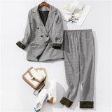 Chic costume Autumn Double Breasted Office Ladies Plaid Blazer suits sets Fashion Women Cuff roll long pants blazers sets