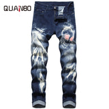 QUANBO New Spring and Autumn Quality Men's Jeans 3D Pattern Streetwear Fashion Stretch Men Jeans