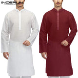 INCERUN Casual Cotton Men Shirt Indian Kurta Suit Long Sleeve Stand Collar Long Tops Men Islamic Muslim Clothes Pakistan Shirts