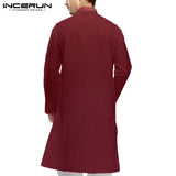 INCERUN Casual Cotton Men Shirt Indian Kurta Suit Long Sleeve Stand Collar Long Tops Men Islamic Muslim Clothes Pakistan Shirts