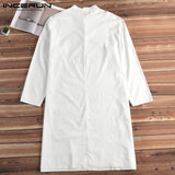 INCERUN Casual Cotton Men Shirt Indian Kurta Suit Long Sleeve Stand Collar Long Tops Men Islamic Muslim Clothes Pakistan Shirts
