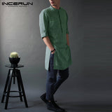 INCERUN Men Shirt Long Sleeve Stand Collar Solid Color 2019 Casual Retro Pullovers Loose Long Shirts Men Indian Kurta Suit S-5XL