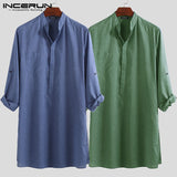 INCERUN Men Shirt Long Sleeve Stand Collar Solid Color 2019 Casual Retro Pullovers Loose Long Shirts Men Indian Kurta Suit S-5XL