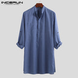 INCERUN Men Shirt Long Sleeve Stand Collar Solid Color 2019 Casual Retro Pullovers Loose Long Shirts Men Indian Kurta Suit S-5XL