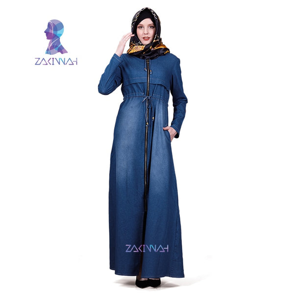 ZK013 Fashion Denim Kaftan Abaya Dubai Islam Muslim Dress Abayas For Women Caftan Robe Turkish Islamic Clothing