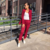 Work Pant Suits OL 2 Piece Sets Double Breasted Striped Blazer Jacket & Zipper Trousers Suit For Women Set Feminino Spring