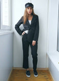 Work Pant Suits OL 2 Piece Sets Double Breasted Striped Blazer Jacket & Zipper Trousers Suit For Women Set Feminino Spring