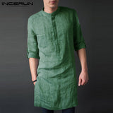 INCERUN Men Shirt Long Sleeve Stand Collar Solid Color 2019 Casual Retro Pullovers Loose Long Shirts Men Indian Kurta Suit S-5XL