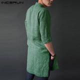 INCERUN Men Shirt Long Sleeve Stand Collar Solid Color 2019 Casual Retro Pullovers Loose Long Shirts Men Indian Kurta Suit S-5XL