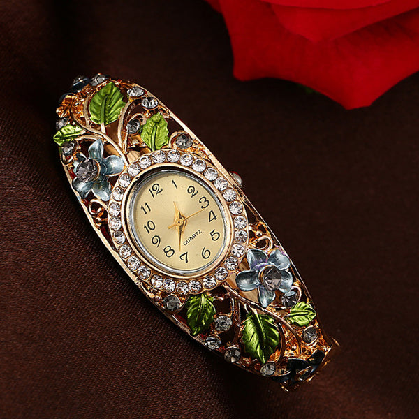 Hot 2019 New Arrival Women Bangle Crystal Flower Bracelet Quartz