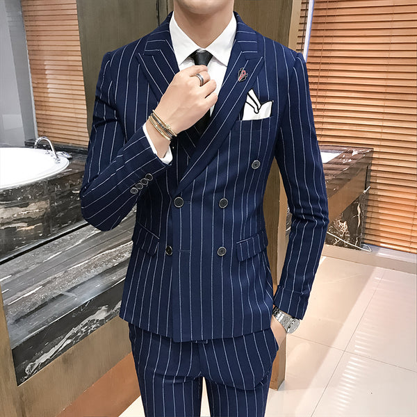Men's One-Button Designer Suits Plaid Tuxedos 3-Piece Set Wedding Prom Party stripe Suit