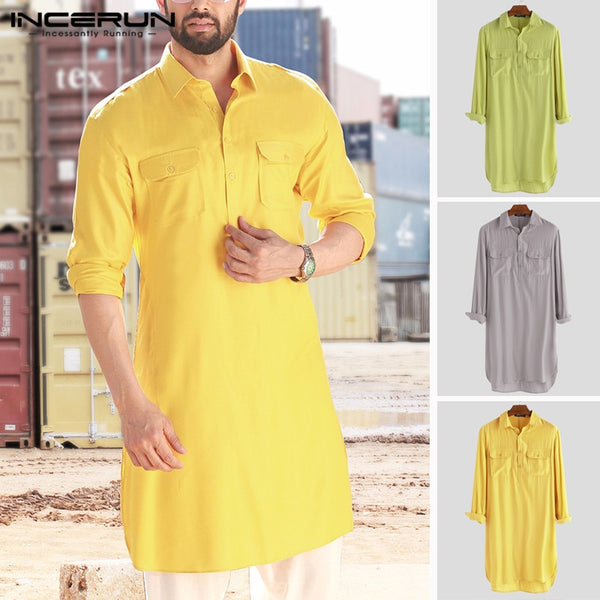 2019 Men Shirt Solid Lapel Neck Long Sleeve Pockets Vintage Pakistan Muslim Clothing Long Shirts Men INCERUN Indian Kurta Suit
