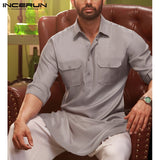 2019 Men Shirt Solid Lapel Neck Long Sleeve Pockets Vintage Pakistan Muslim Clothing Long Shirts Men INCERUN Indian Kurta Suit