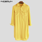 2019 Men Shirt Solid Lapel Neck Long Sleeve Pockets Vintage Pakistan Muslim Clothing Long Shirts Men INCERUN Indian Kurta Suit