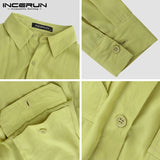 2019 Men Shirt Solid Lapel Neck Long Sleeve Pockets Vintage Pakistan Muslim Clothing Long Shirts Men INCERUN Indian Kurta Suit