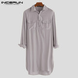 2019 Men Shirt Solid Lapel Neck Long Sleeve Pockets Vintage Pakistan Muslim Clothing Long Shirts Men INCERUN Indian Kurta Suit