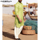 2019 Men Shirt Solid Lapel Neck Long Sleeve Pockets Vintage Pakistan Muslim Clothing Long Shirts Men INCERUN Indian Kurta Suit