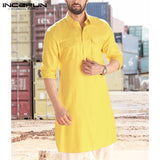 2019 Men Shirt Solid Lapel Neck Long Sleeve Pockets Vintage Pakistan Muslim Clothing Long Shirts Men INCERUN Indian Kurta Suit