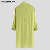 2019 Men Shirt Solid Lapel Neck Long Sleeve Pockets Vintage Pakistan Muslim Clothing Long Shirts Men INCERUN Indian Kurta Suit