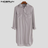 2019 Men Shirt Solid Lapel Neck Long Sleeve Pockets Vintage Pakistan Muslim Clothing Long Shirts Men INCERUN Indian Kurta Suit