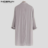 2019 Men Shirt Solid Lapel Neck Long Sleeve Pockets Vintage Pakistan Muslim Clothing Long Shirts Men INCERUN Indian Kurta Suit