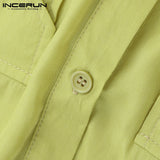 2019 Men Shirt Solid Lapel Neck Long Sleeve Pockets Vintage Pakistan Muslim Clothing Long Shirts Men INCERUN Indian Kurta Suit