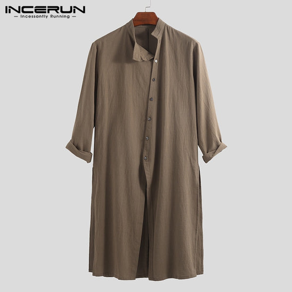 INCERUN 2019 Cotton Vintage Men Shirt Stand Collar Long Sleeve Button Long Shirts Men Pakistani Muslim Clothes Indian Kurta Suit