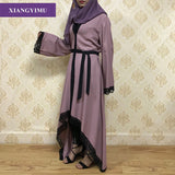 F806 Fashion Muslim Womens Lace Robe Ramadan Clothing Kimono Islamic Lace Splicing Long Coat Middle East Long Robe Abaya Femme