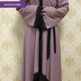 F806 Fashion Muslim Womens Lace Robe Ramadan Clothing Kimono Islamic Lace Splicing Long Coat Middle East Long Robe Abaya Femme