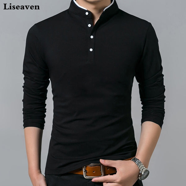 T-Shirt Men Cotton T Shirt Full Sleeve t-shirt Men Solid Color T-shirts tops&tees Mandarin Collar Long Shirt