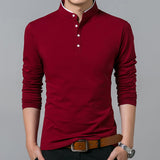 T-Shirt Men Cotton T Shirt Full Sleeve t-shirt Men Solid Color T-shirts tops&tees Mandarin Collar Long Shirt