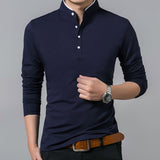 T-Shirt Men Cotton T Shirt Full Sleeve t-shirt Men Solid Color T-shirts tops&tees Mandarin Collar Long Shirt