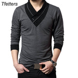 TFETTERS Brand Autumn Fashion Men T-shirt T-Shirt Men Patchwork V-Neck Long Sleeve Slim Fit T-Shirt Cotton Plus Size 4XL