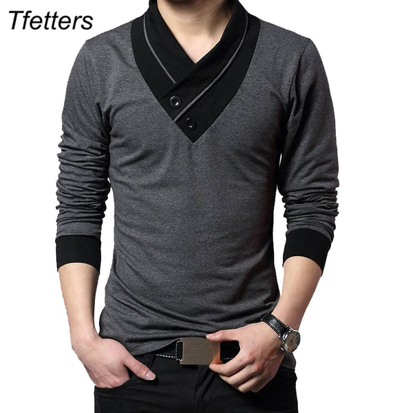 TFETTERS Brand Autumn Fashion Men T-shirt T-Shirt Men Patchwork V-Neck Long Sleeve Slim Fit T-Shirt Cotton Plus Size 4XL