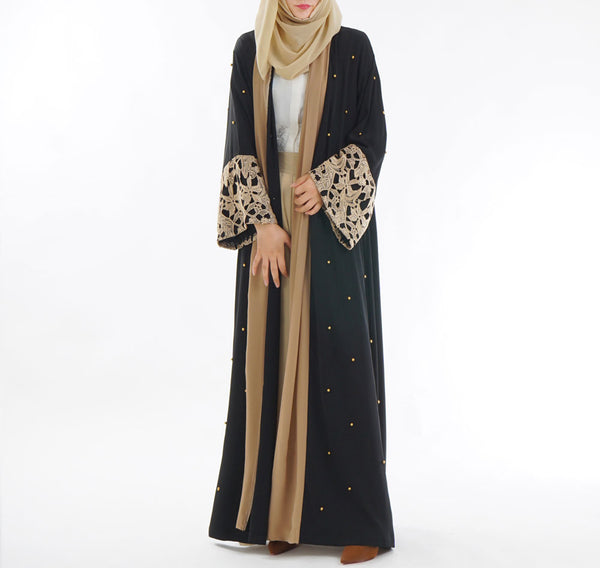 Black Laser Cut Flower Muslim Dress Abaya Islamic Women Malaysia Jilbab Djellaba Robe Musulmane Turkish Baju Open Kimono Kaftan