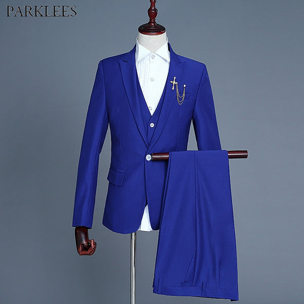 3 Piece Men Royal Blue Suit (Jacket+Pants+Vest) Brand Slim Fit Elegant Mens Wedding Groom Business