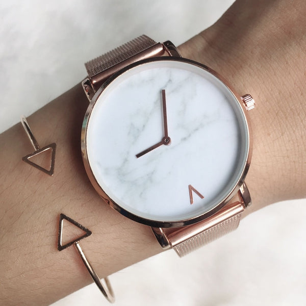 Brand Creative Mesh Band Marble Quartz Watch Casual Women Stainless Steel Wristwatches